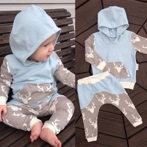 Blue deer baby hoodie set, sizes 6M, 18M and 24M